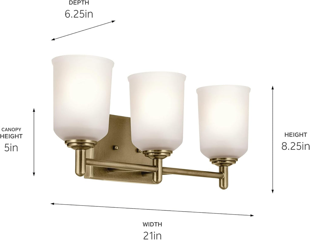 KICHLER Shailene 21' 3-Light Vanity Light with Clear Satin Etched Glass in Natural Brass for Over a Vanity, Updated Traditional Style, (21' x 8.25'), 45574NBR