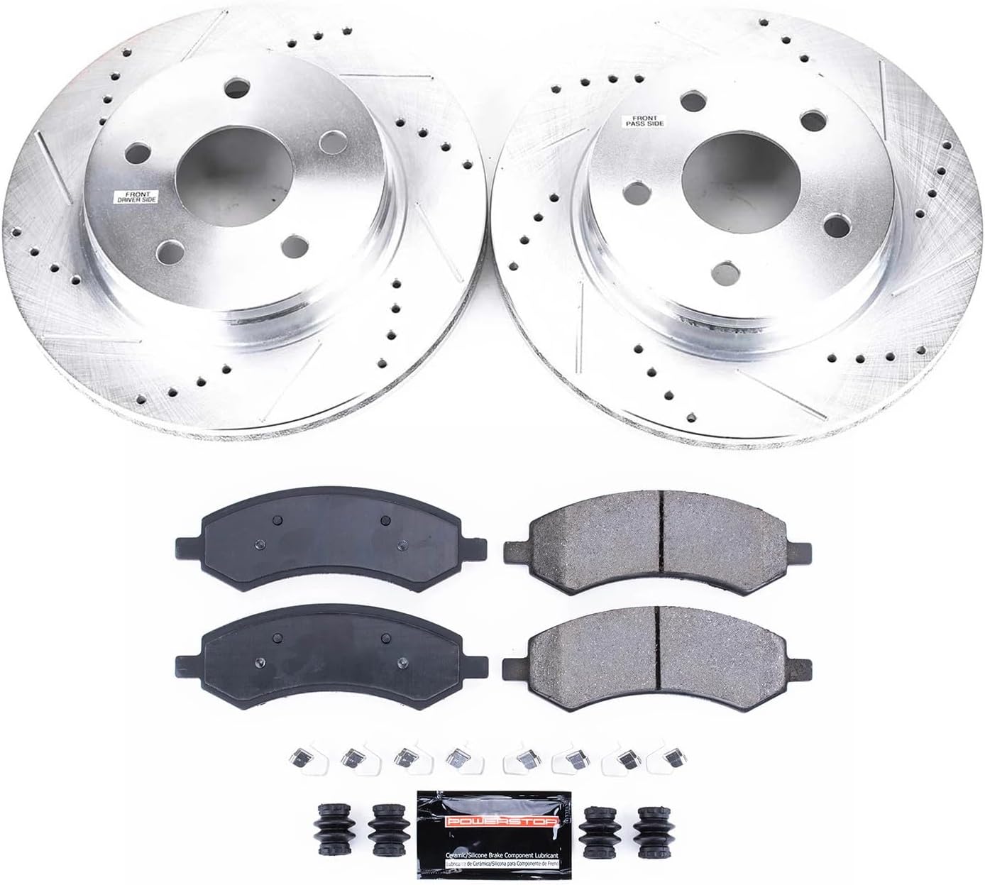 PowerStop Front Brake Kit for Chrysler Aspen 2007-09 |Dodge Durango 2007-09 |Ram 1500 2006-10 - Drilled and Slotted Disc Rotors with Carbon-Fiber Ceramic Brake Pads Replacement, K2163