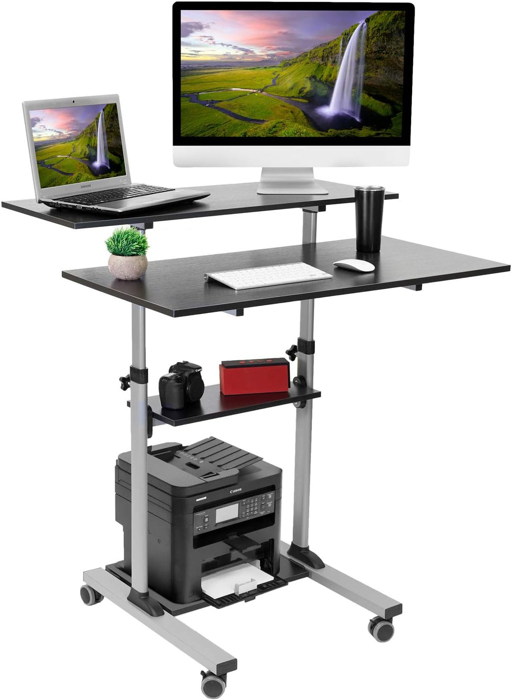 Mount-It! Mobile Standing Desk | Height Adjustable Rolling Desk with 40 Wide Table Tops | Multi-Purpose Rolling Presentation Cart with Four Platforms | (MI-7970)