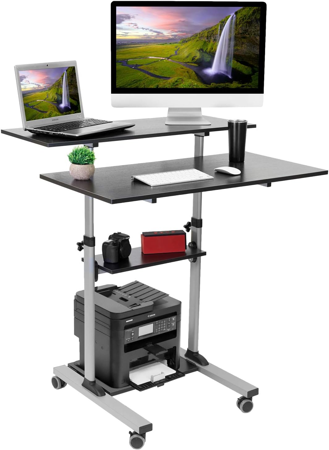 Mount-It! Mobile Standing Desk | Height Adjustable Rolling Desk with 40 Wide Table Tops | Multi-Purpose Rolling Presentation Cart with Four Platforms | (MI-7970)
