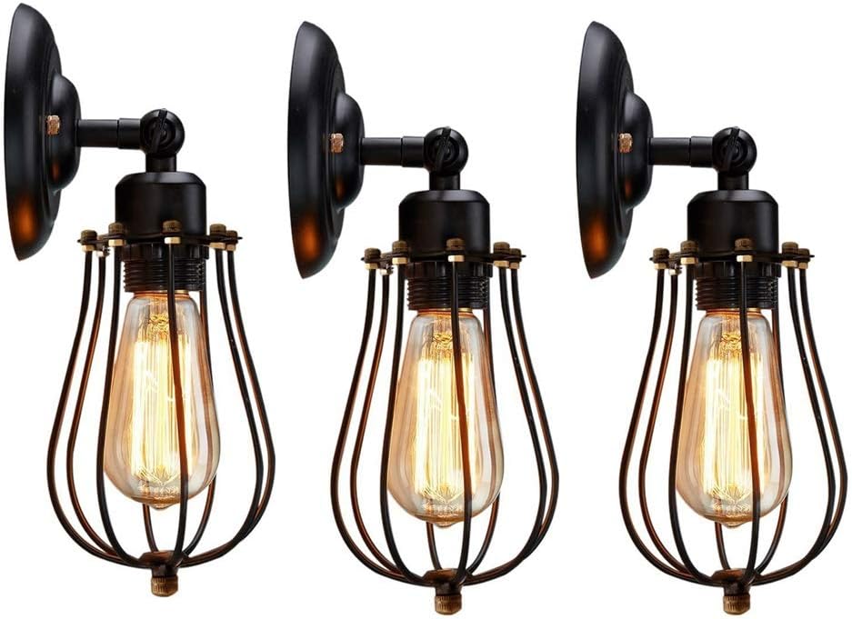 Adjustable Cage Wall Sconce, 3-Pack Vintage Industrial Wire Cage Lampshade Antique Minimalist Mini Iron Wrought Wall Light Fixture for Bar Club Loft - Black
