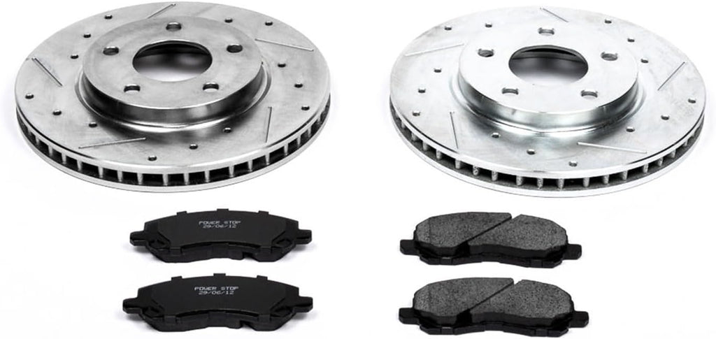 PowerStop Front Brake Kit for Dodge Caliber 2007-12 | Mitsubishi Lancer 2008-17 - Drilled and Slotted Disc Rotors with Carbon-Fiber Ceramic Brake Pads Replacement, K2992