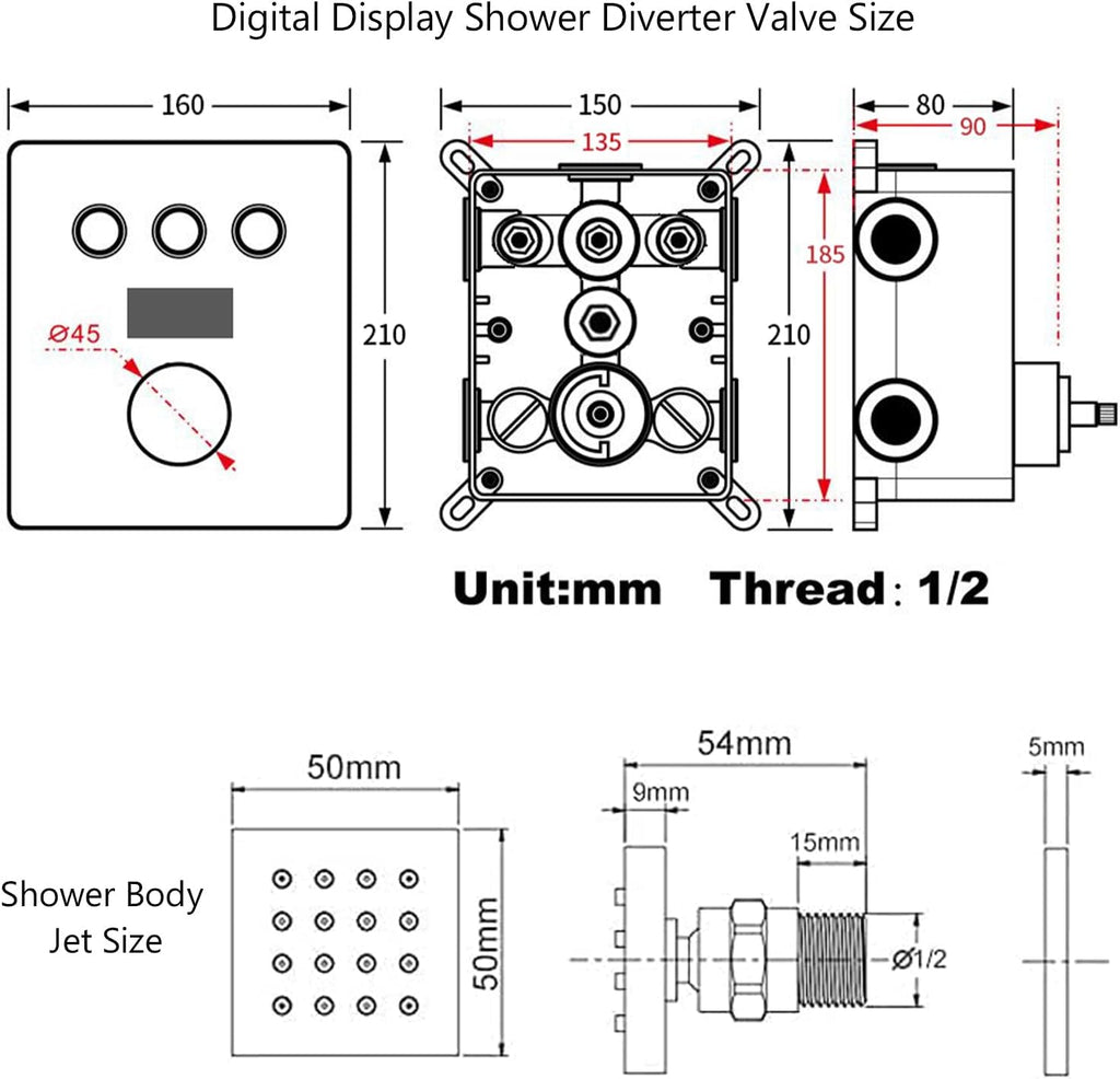 Shower System with Body Jets Brushed Gold Shower Faucet Set 12 Inch Ceiling Mount Rain Shower Faucet Fixture Combo Set Bathroom LED Digital Display Mixer Valve Contain Valve Body and Trim