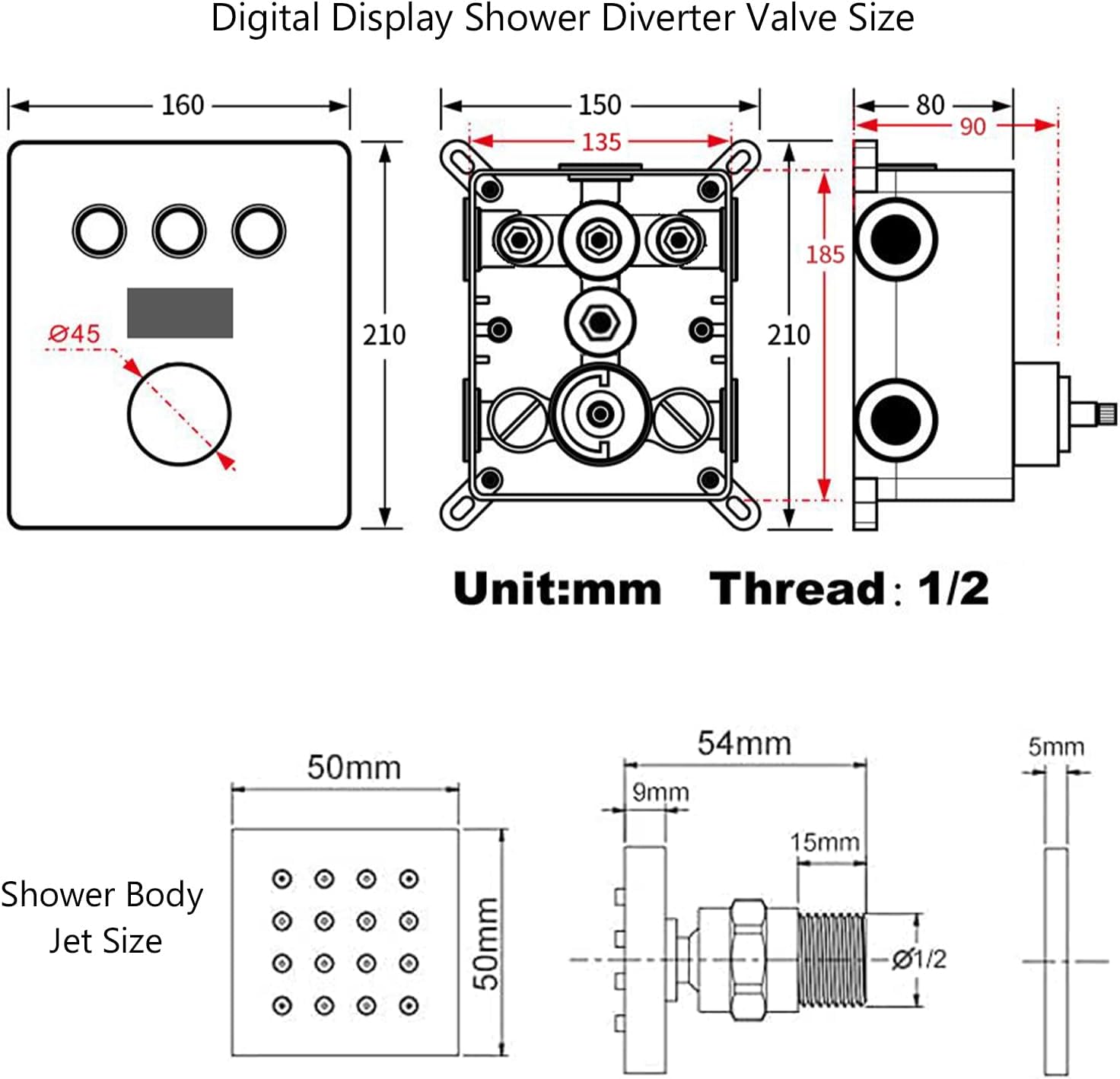Shower System with Body Jets Brushed Gold Shower Faucet Set 12 Inch Ceiling Mount Rain Shower Faucet Fixture Combo Set Bathroom LED Digital Display Mixer Valve Contain Valve Body and Trim