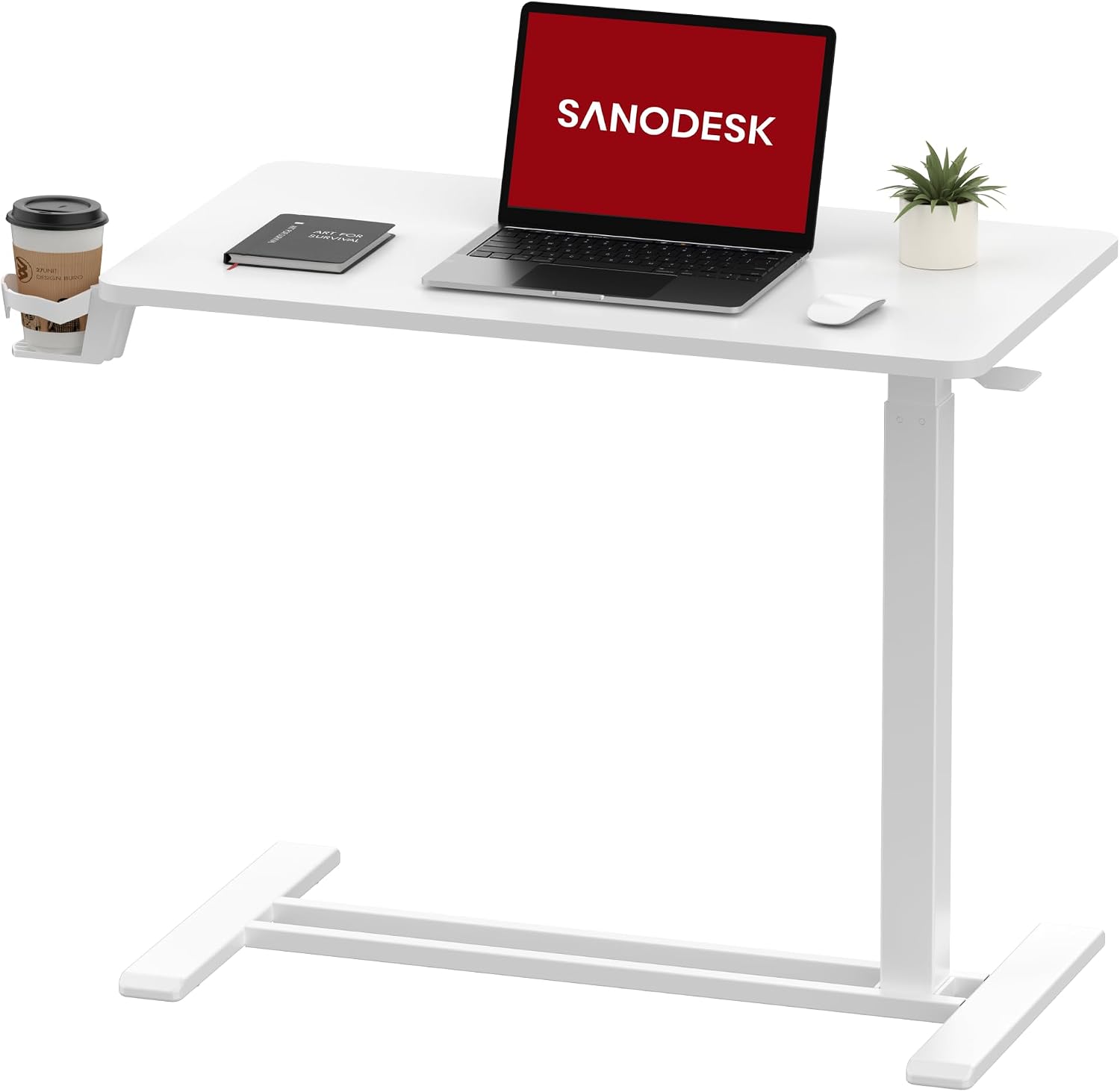 SANODESK Mobile Standing Desk with Hidden Wheels,Pneumatic Laptop Desk Rolling Computer Cart Movable Height Adjustable Small Sit Stand Desk for Home Office(31.5' W x 15.7' D,White)