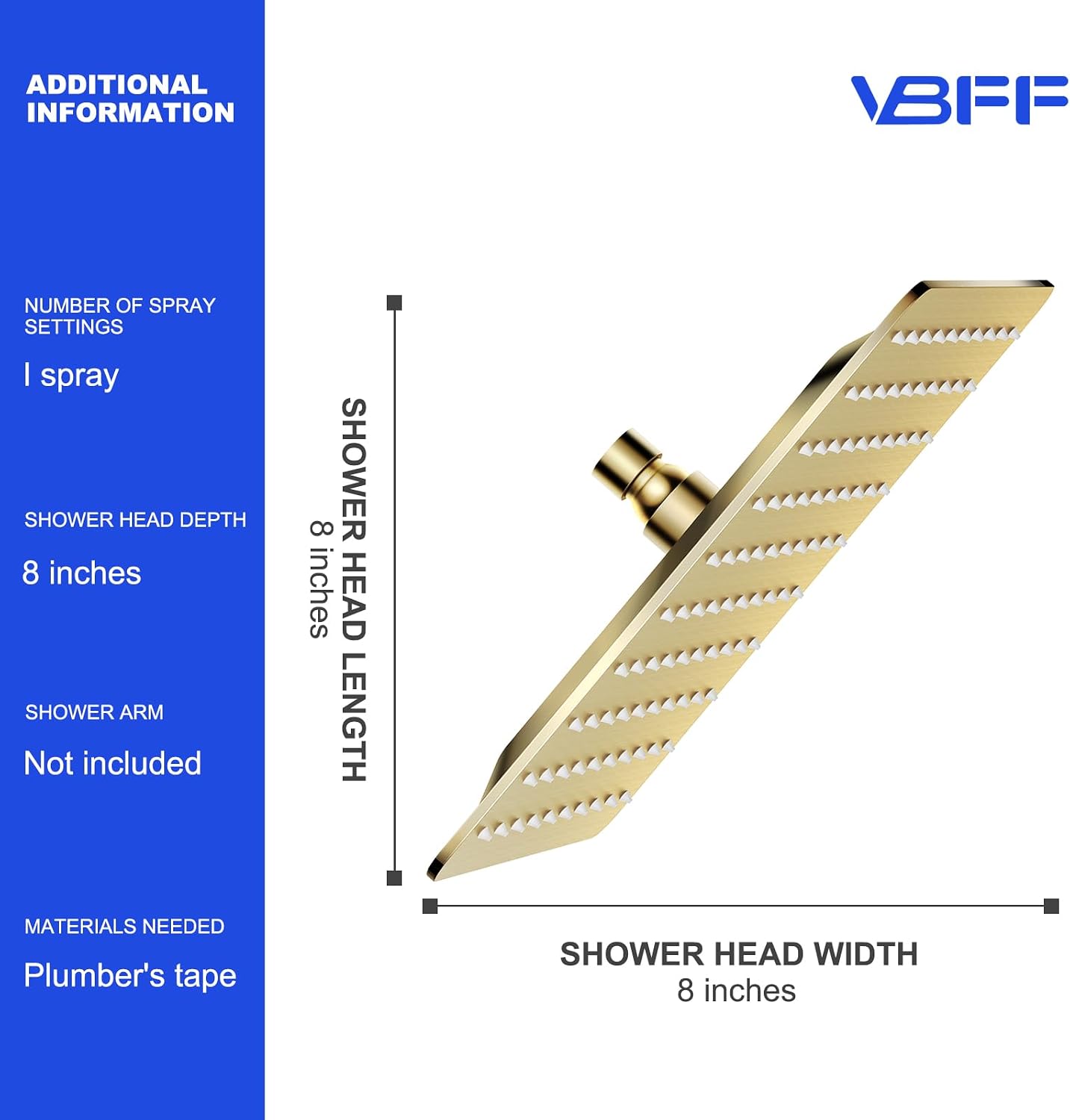 VBFF-Shower Head,rain shower head, 8 inch- Square Shower Head, 1.8 GPM Flow Rate, rainfall showerhead,VBFF07 (Brushed Gold)