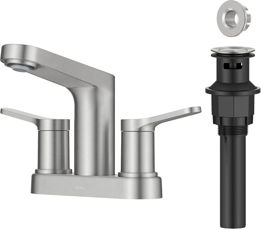 KRAUS Indy Centerset Bathroom Faucet in Spot-Free Brushed Nickel with 2 Handles, Pop Up Drain and Supply Lines, FUS-14102SFBN