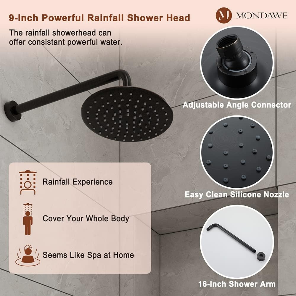 MONDAWE 9 Inch Wall Mounted Shower Faucet Set in Oil Rubbed Bronze, Rainfall Shower Head with 3-Setting Handheld Spray Shower Set Combo, High Pressure Shower System with Solid Brass Valve