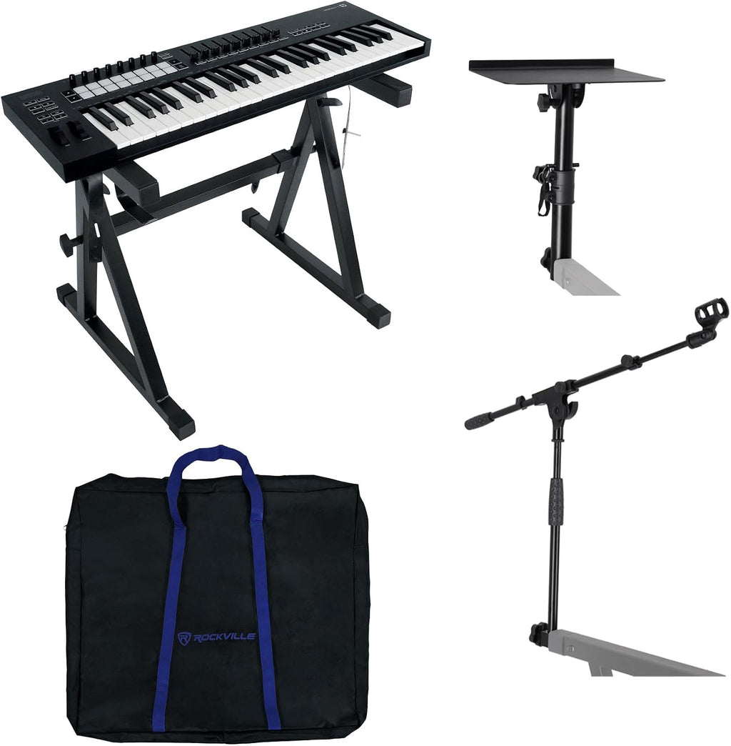 Rockville Z50 Bundle: Z-Style Pro Keyboard Stand with Travel Bag, Adjustable Height & Width, ZLS Laptop Attachment 12-in x 9.5-in Tray, ZMS Microphone Boom Attachment, 3-items