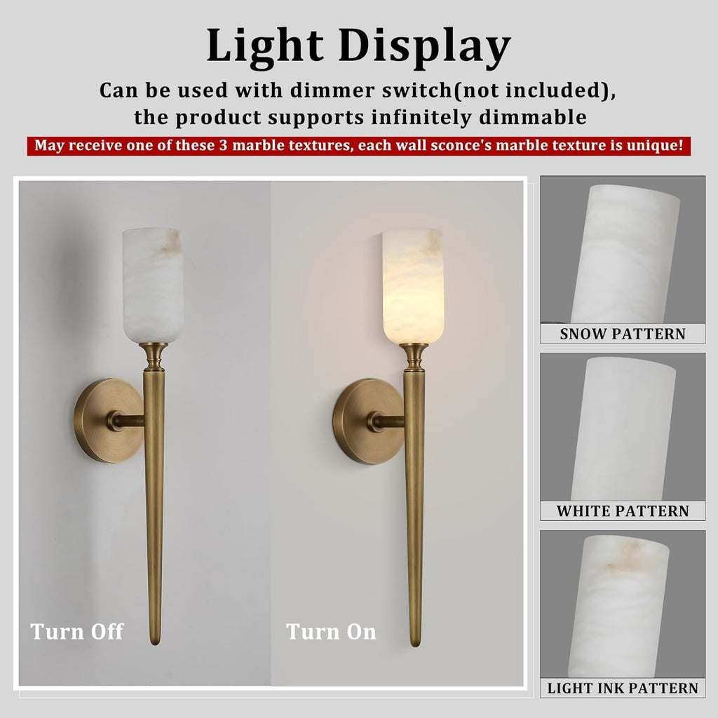 Alabaster Wall Sconces Set of Two, 22in Modern Spanish Natural Marble Bathroom Vanity Sconces, Brass Alabaster Sconce Wall Lighting, Gold Wall Light Fixtures Decor for Bedroom Living Room Staircases