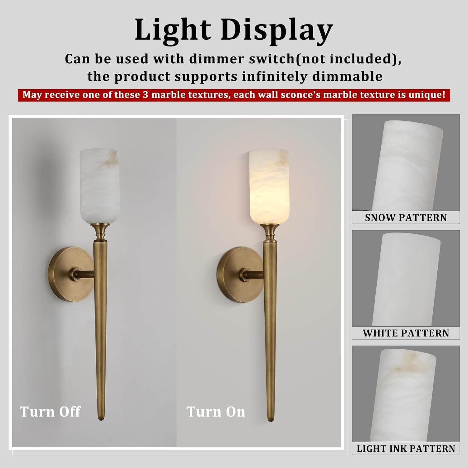 Alabaster Wall Sconces Set of Two, 22in Modern Spanish Natural Marble Bathroom Vanity Sconces, Brass Alabaster Sconce Wall Lighting, Gold Wall Light Fixtures Decor for Bedroom Living Room Staircases