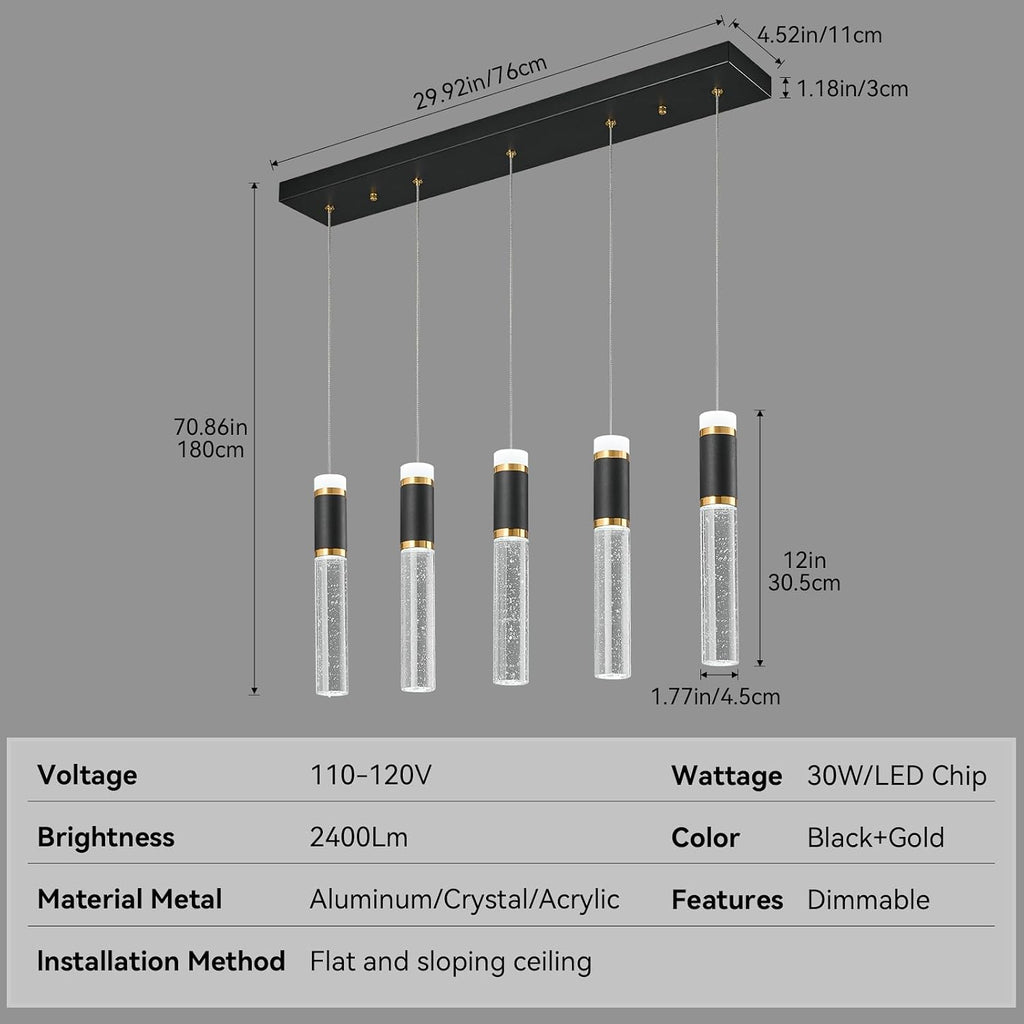 Pendant Lights Kitchen Island, Dimmable LED Pendant Light Fixtures, Black Gold Pendant Light Modern with Bubble Crystal Pendant Light, Pendant Lighting for Kitchen Island Dining Room 5-Light