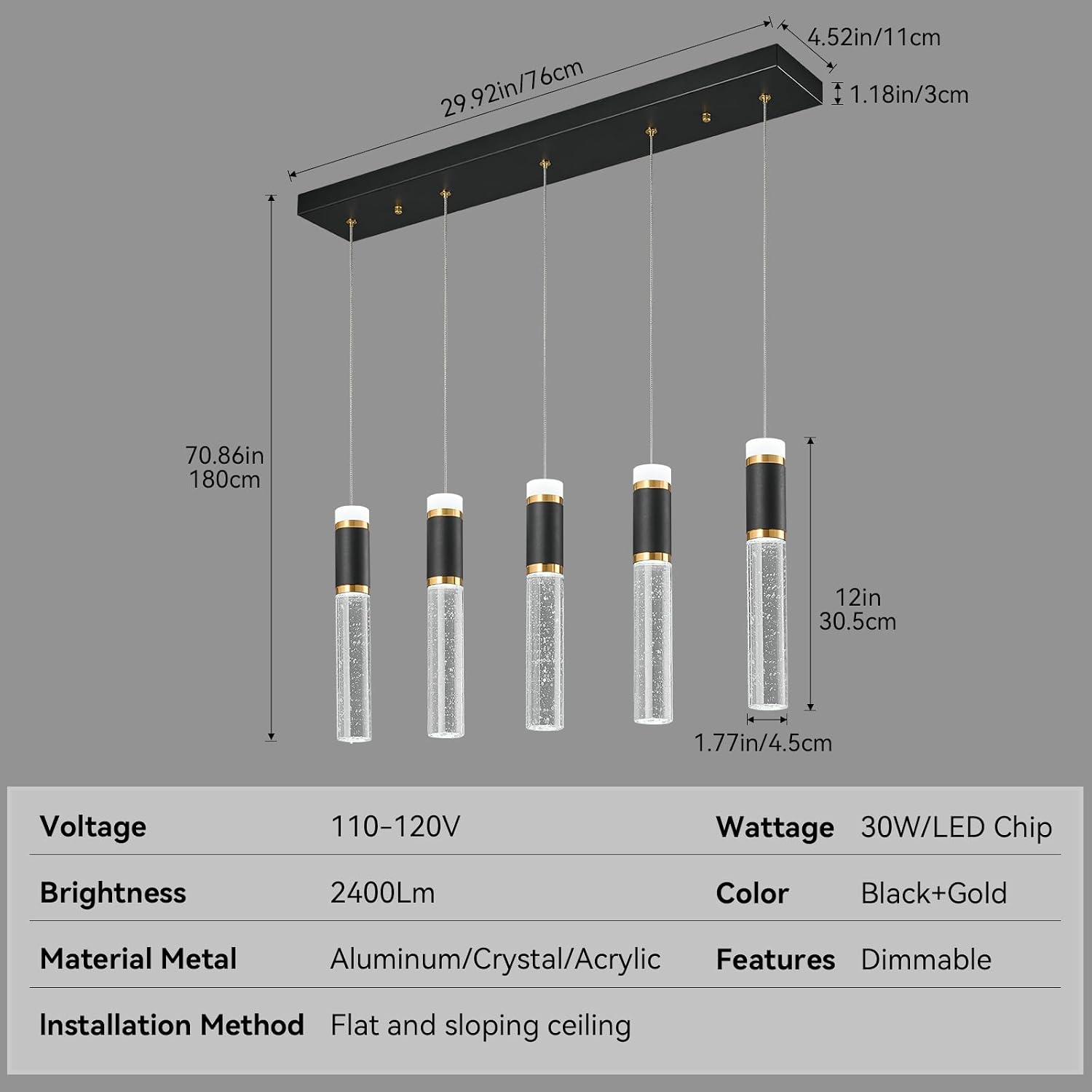 Pendant Lights Kitchen Island, Dimmable LED Pendant Light Fixtures, Black Gold Pendant Light Modern with Bubble Crystal Pendant Light, Pendant Lighting for Kitchen Island Dining Room 5-Light