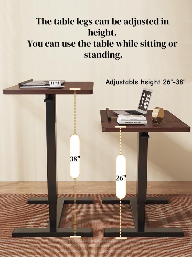 Portable Overbed Rolling Desk, Height Adjustable Mobile Standing Table, Foldable 31 Inch Small Laptop Bedside Desk with Tiltable Desktop, Hidden Wheels, Tray Table for Bed Sofa Side, Walnut+Black
