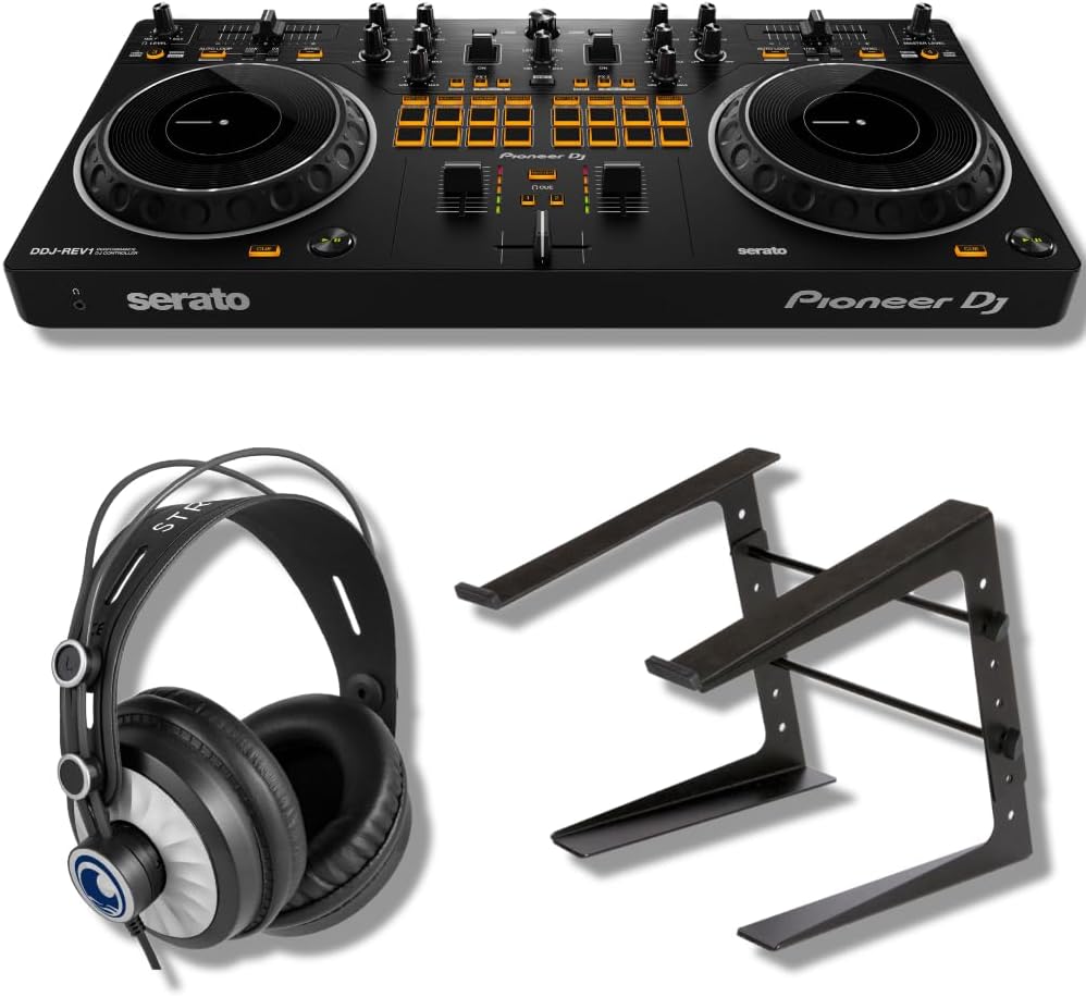 Pioneer DDJ-REV1 DJ Controller Bundle with Adjustable Laptop Stand for DJ's, Monitoring Headphones and StreamEye Polishing Cloth