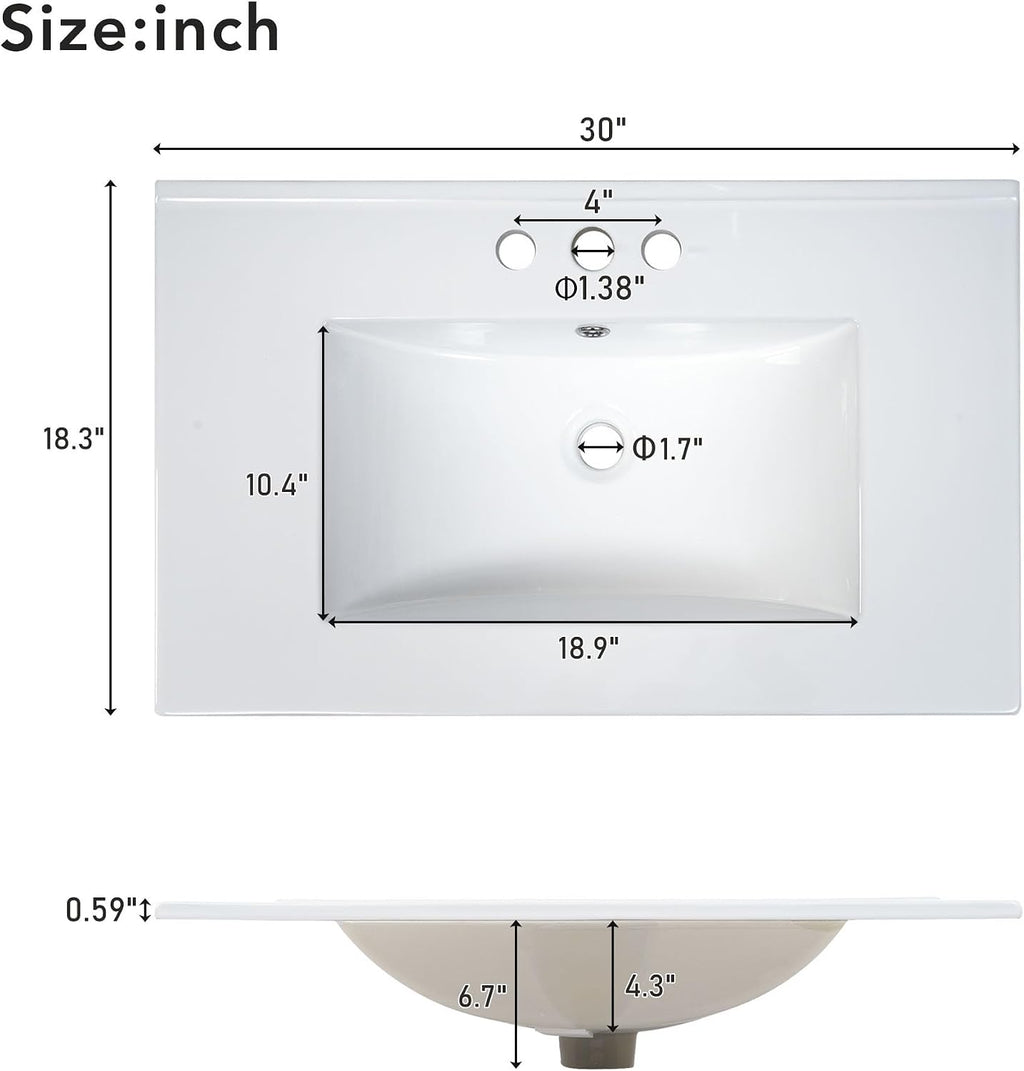LUMISOL 30 Inch Bathroom Vanity with Sink, Wood Bathroom Storage Cabinet with Soft Closing Door and 3 Drawers, Freestanding Bathroom Vanities with Undermount Ceramic Sink, White