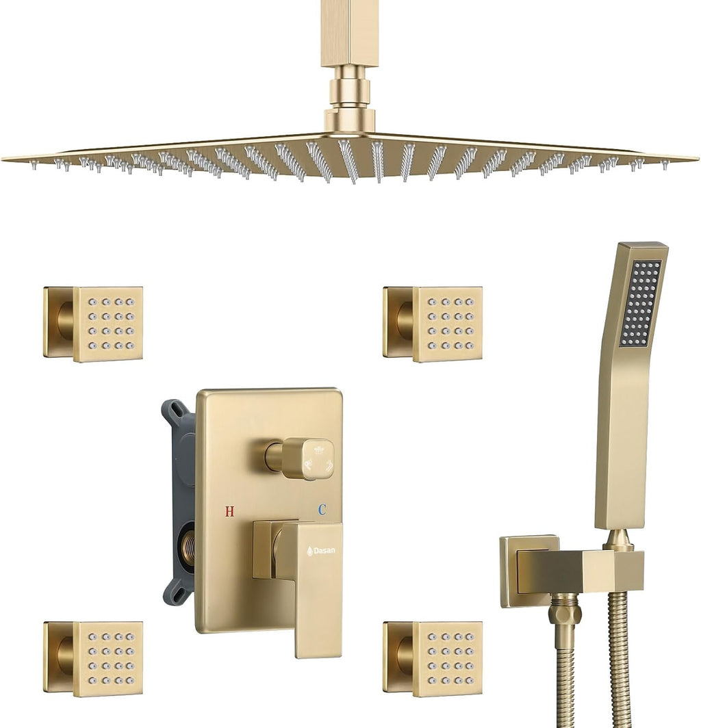 Brushed Gold Shower System with 4 PCS Shower Body Spray Jets & 12'' Ceiling Shower Head & Handheld Spray, DASAN Full Body Shower Faucet System with Jets Rainfall Shower Combo Set, SA-SS03BBG-S12C