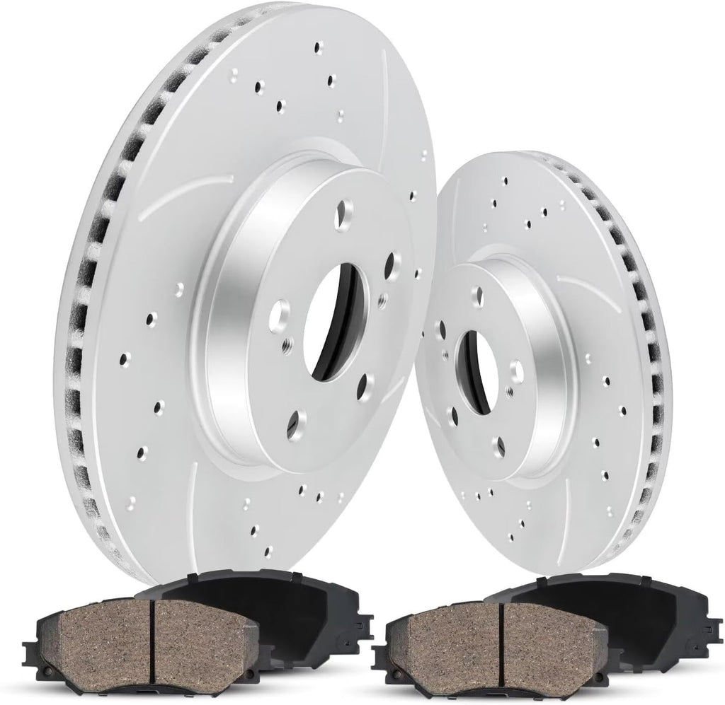 Front Anti-Rust Geomet Brake Kit Compatible with 2009-2015 Honda Pilot, 2007-2013 Acura MDX, Drilled and Slotted Rotors Kit |329.8mm(13in) Brake Discs Automotive Ceramic Brake Pads