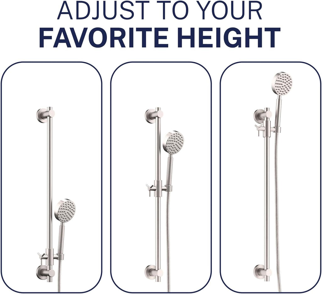 HammerHead Showers® SOLID METAL 27.5 Inch Shower Slide Bar Set and Handheld Shower Head with Hose — BRUSHED NICKEL — 1.75 GPM Low Flow Spray Wand — Easily Adjust Height & Angle of Handshower
