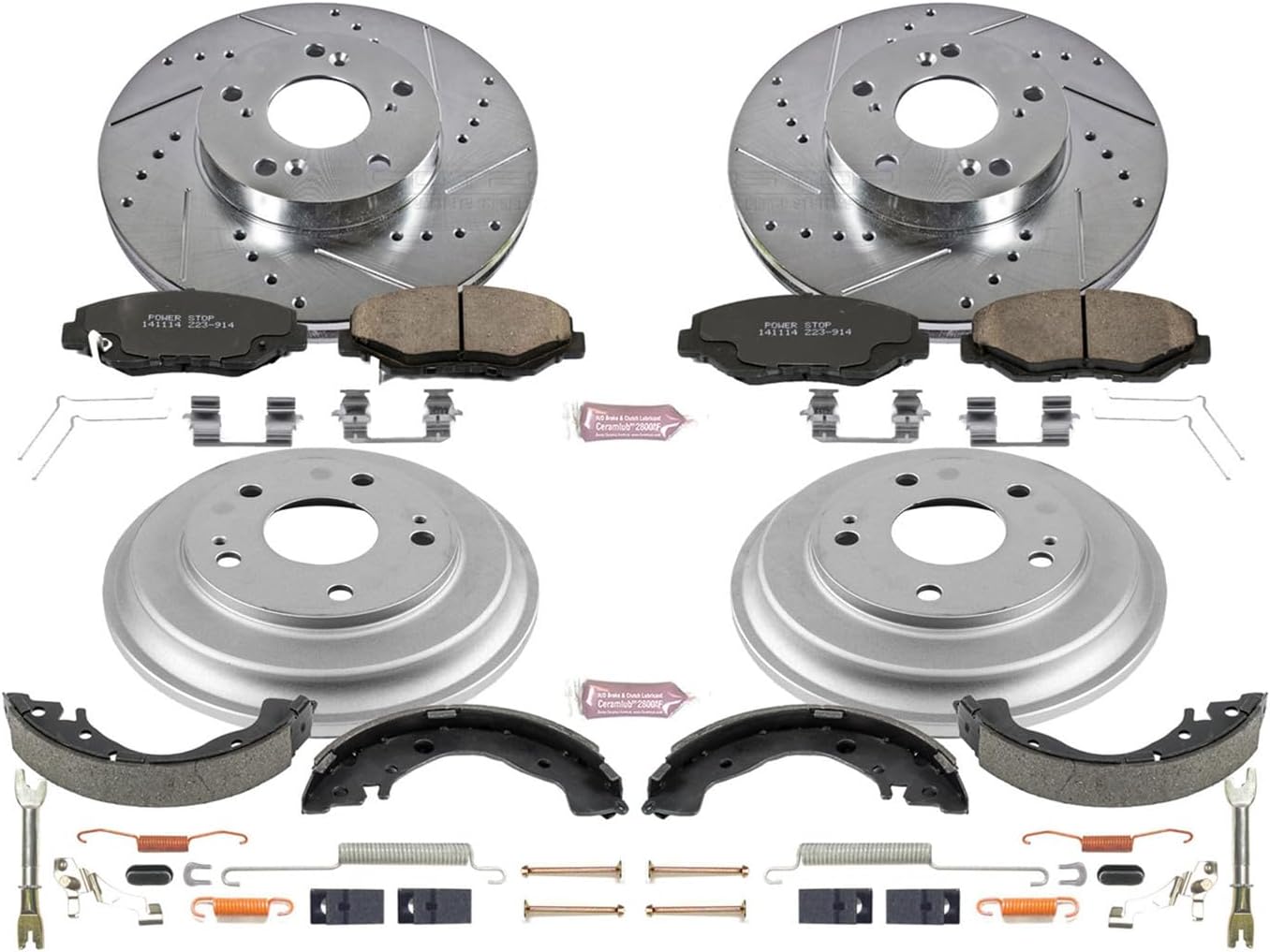 Power Stop K15243DK Front and Rear Z23 Carbon Fiber Brake Pads with Drilled & Slotted Brake Drums Kit For Honda Civic 2013-2015 [Model Specific]