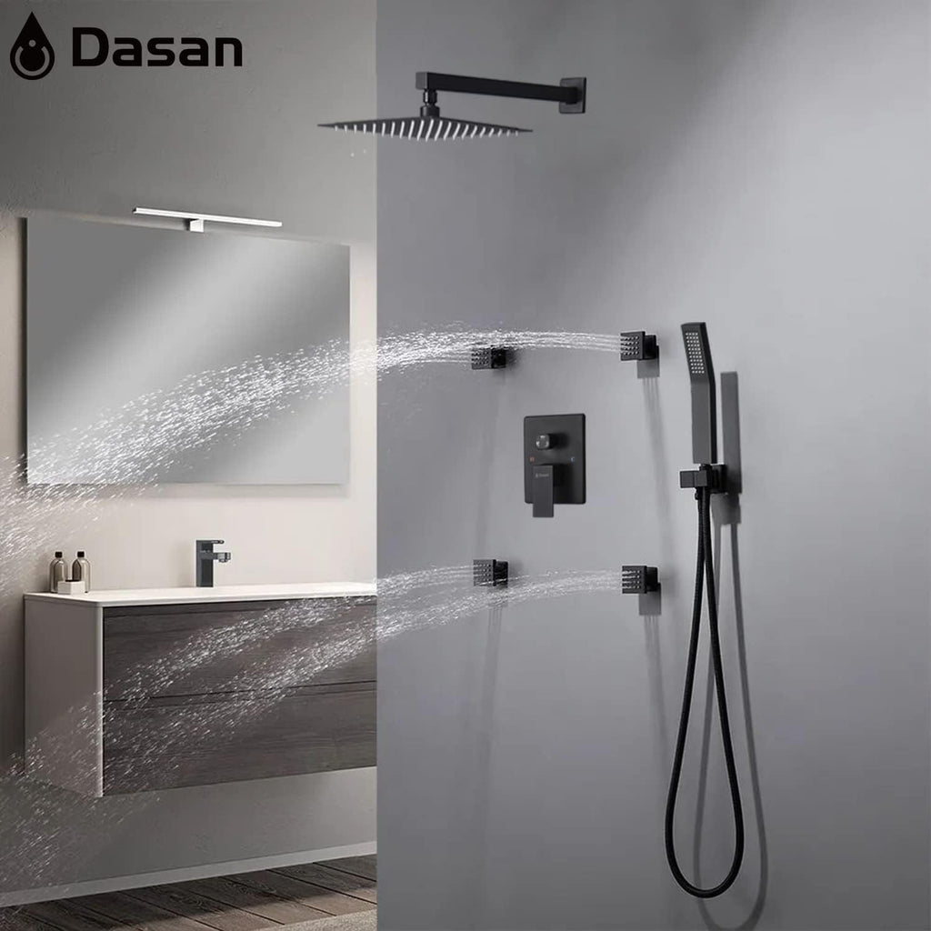 Full Body Rain Shower System with 4 Body Shower Jets & 12'' Wall Mount Rainfall Shower Head & Handheld, DASAN Multi Shower Head System Matte Black Rain Shower Faucets sets Combo with Rough-in Valve