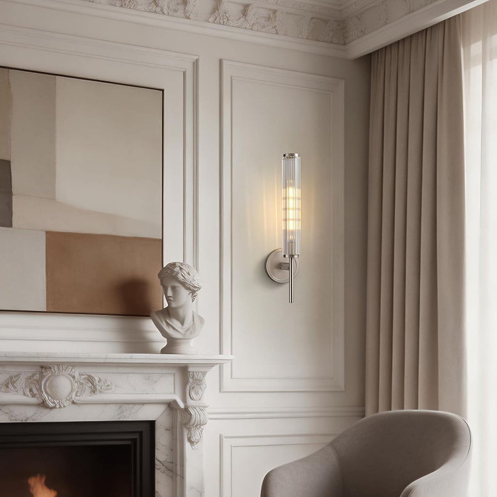 Brushed Nickel Wall Sconce with Ribbed Groove Glass Tube - 18.9' Solid Brass Material Wall lamp Includes Bulbs - Modern Wall Sconces for Bathroom, Living Room, Hallway, Staircase, Mirror