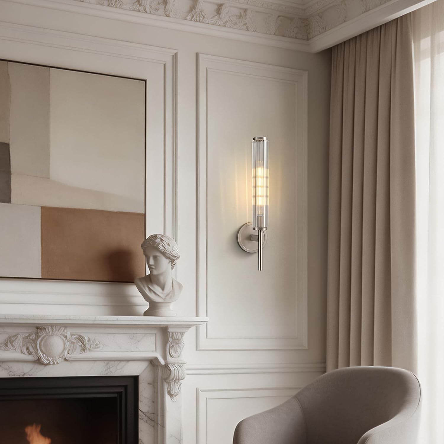 Brushed Nickel Wall Sconce with Ribbed Groove Glass Tube - 18.9' Solid Brass Material Wall lamp Includes Bulbs - Modern Wall Sconces for Bathroom, Living Room, Hallway, Staircase, Mirror