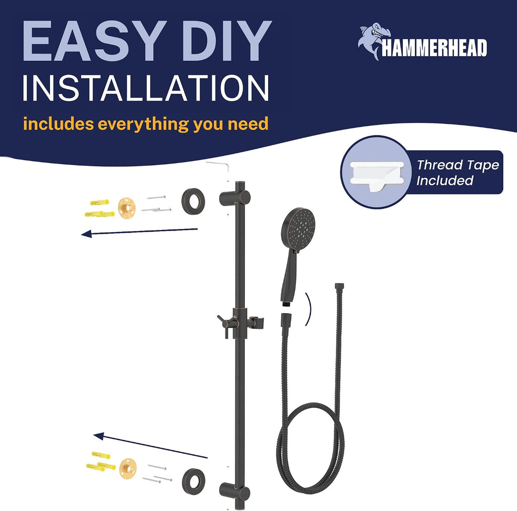 HammerHead Showers Solid Metal 27.5 Inch Shower Slide Bar with 3-Spray Handheld Shower Head with Long Hose and Holder, 2.5 GPM High Pressure Shower Head, Oil Rubbed Bronze