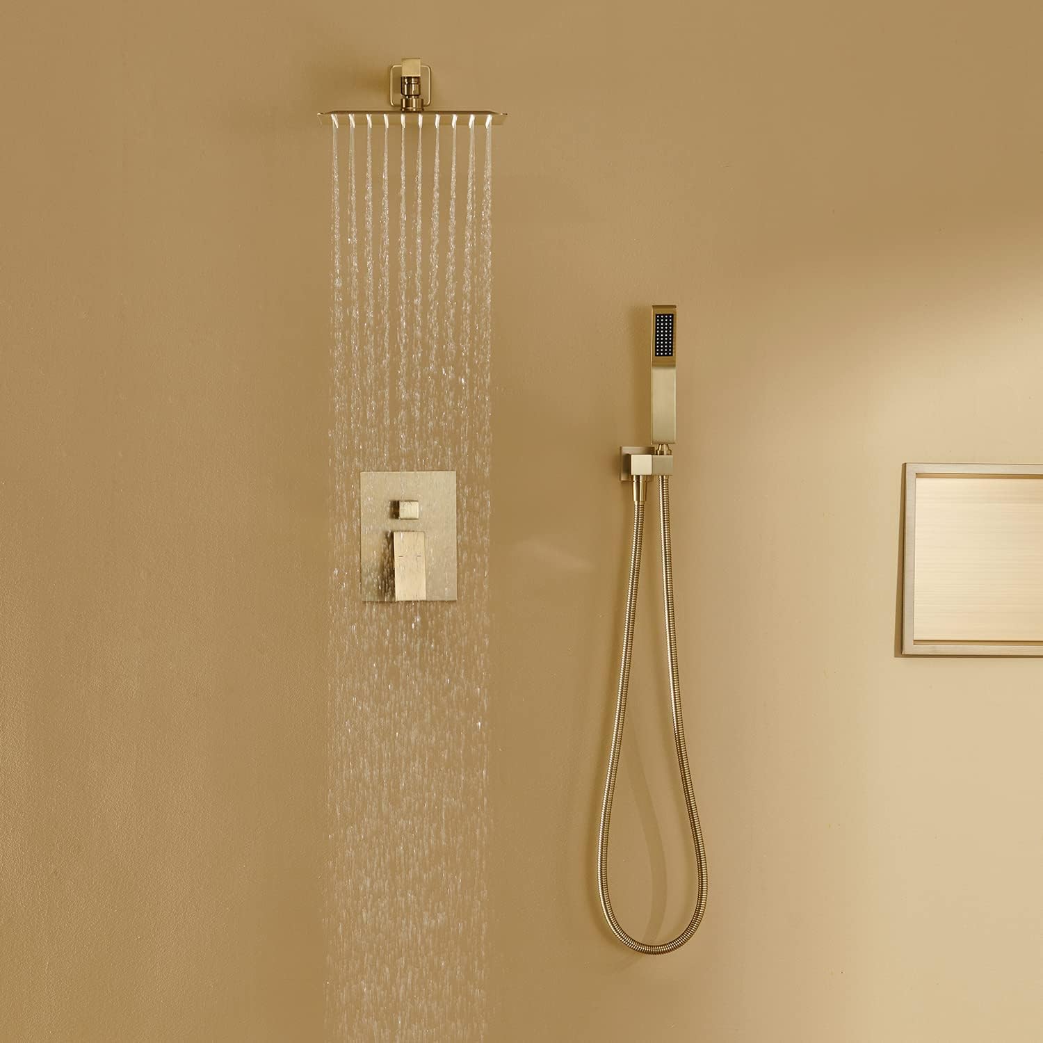 Shower System 10 Inches Rain Shower Combo Set Brushed Gold Wall Mount Faucet Bathroom Faucets with Rainfall Shower Head and Hand Shower