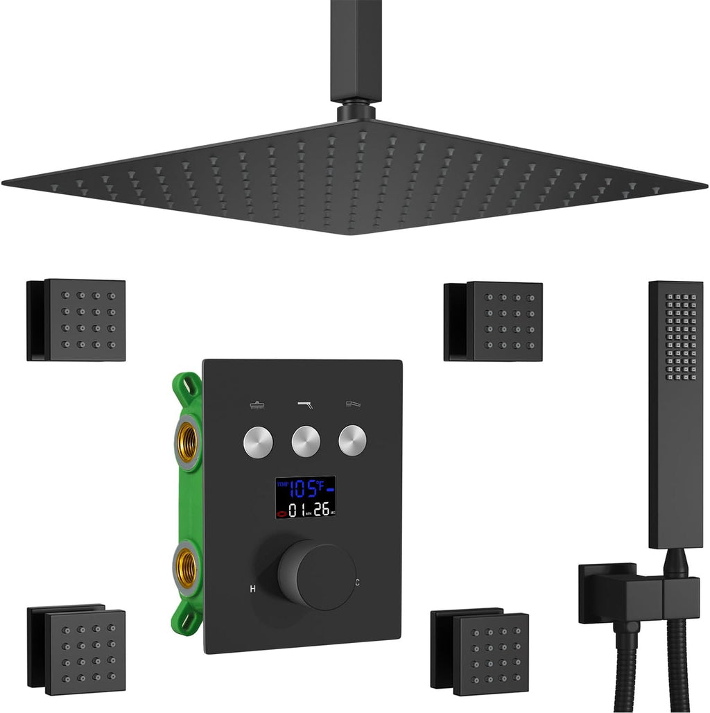 Shower Faucet System Matte Black Ceiling Mount 12 Inch Full Body Shower Head Set With 4PCS Body Spray Jet Three Function Shower Mixer Set, Can Work Together