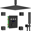 Shower Faucet System Matte Black Ceiling Mount 12 Inch Full Body Shower Head Set With 4PCS Body Spray Jet Three Function Shower Mixer Set, Can Work Together