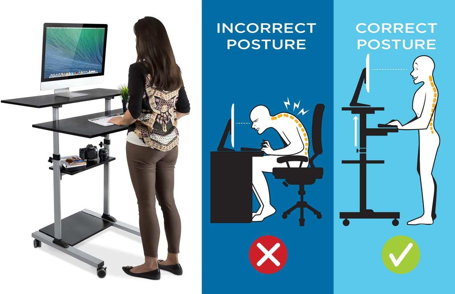 Mount-It! Mobile Standing Desk | Height Adjustable Rolling Desk with 40 Wide Table Tops | Multi-Purpose Rolling Presentation Cart with Four Platforms | (MI-7970)