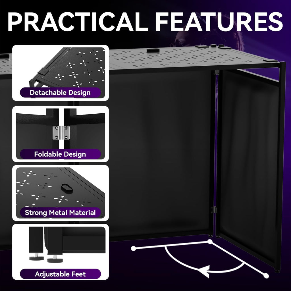 Portable DJ Booth Table,56''x28' Foldable DJ Table Stand Portable with White & Black Scrim,Adjustable D J Facade Tabl e Station Metal Frame D J Tabl e with Cable Hole for Private Events, Clubs, Bars