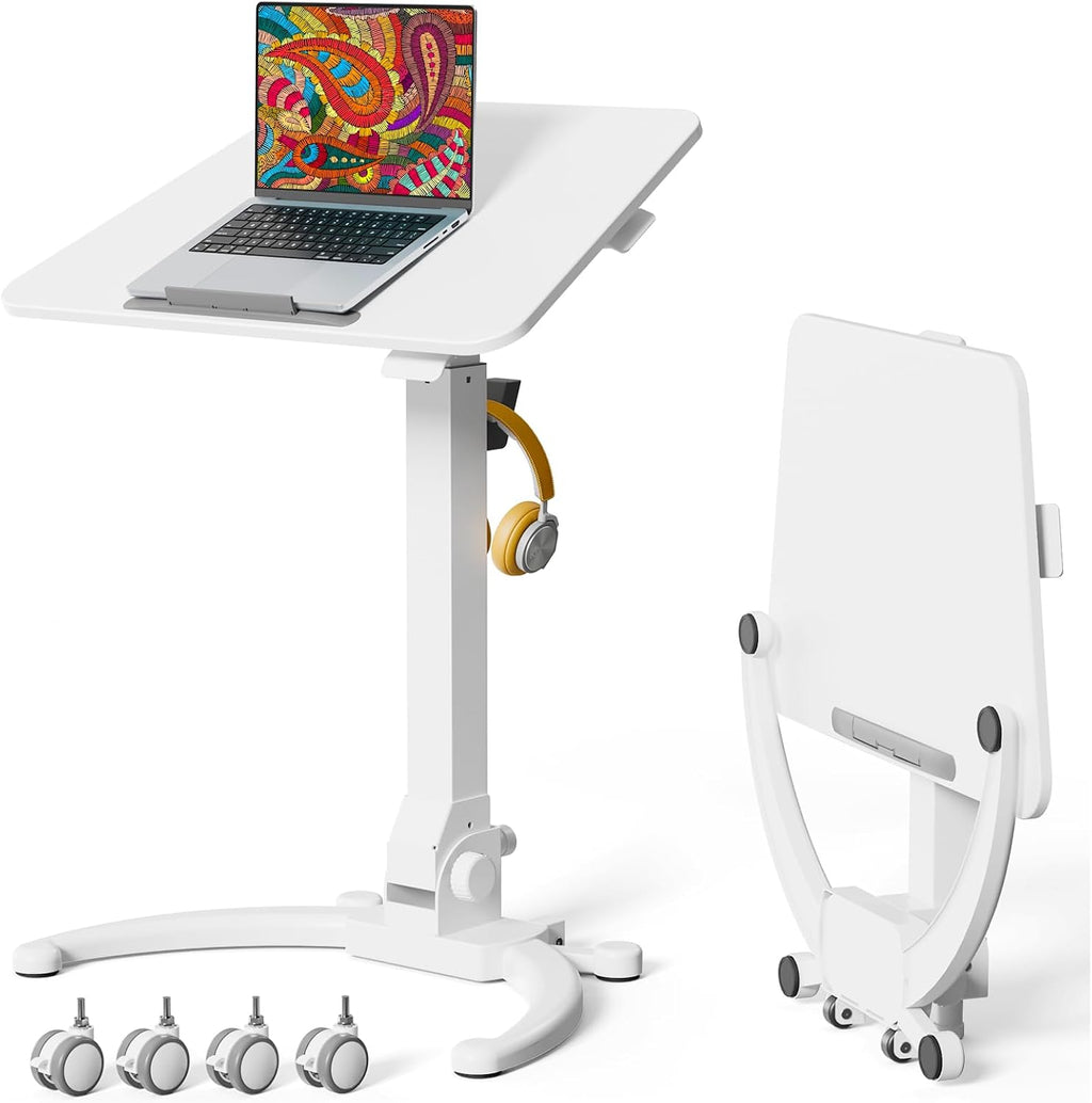 JOY worker Foldable Mobile Standing Desk, Upgraded Height Adjustable Rolling Desk, Max Height 47.6', 90° Tiltable Board & Base, Portable Workstation with Moveable Wheels, Holds Up to 22lbs, White
