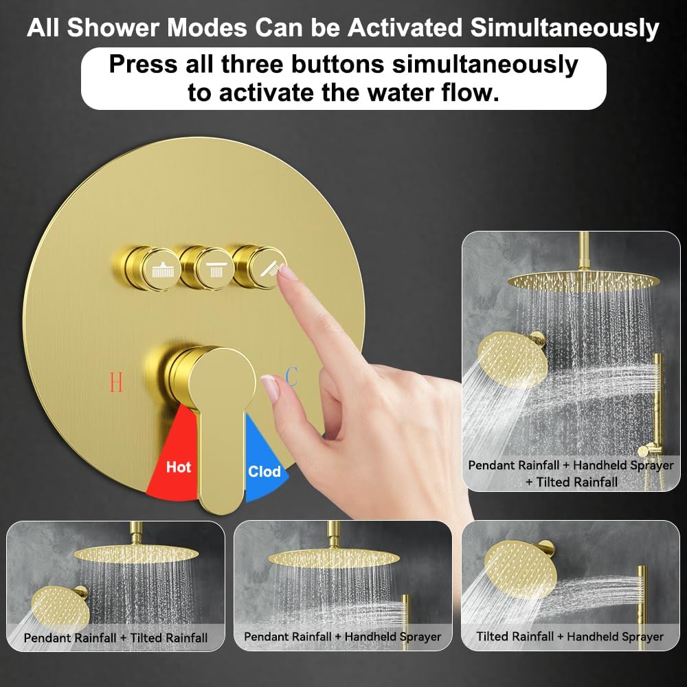 Shower Systems Round Shower Faucet Set, 12+6' Dual Rainfall Shower head with 2 in 1 Handheld Spray, Ceiling Mount Push Button Shower Set with Valve and Trim Kit Brushed Gold,Can Use All at Once