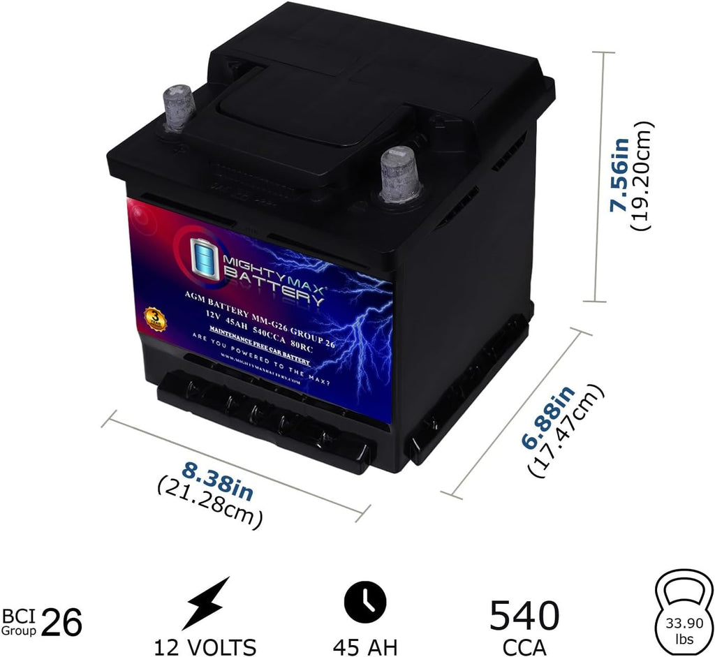 Mighty Max Battery MM-G26 BCI Group 26 12V 45AH, 80RC, 540 CCA, Rechargeable SLA AGM Battery