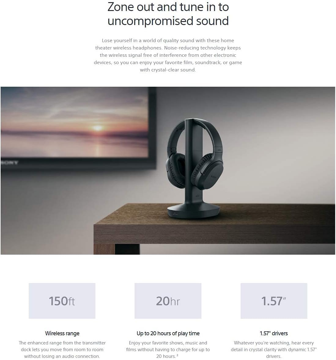 Sony Wireless RF Home Theater TV Headphones with Transmitter - 150-ft Wireless Range, Up to 20 Hours of Play Time (Black) & Zonoz Microfiber Cleaning Cloth Bundle