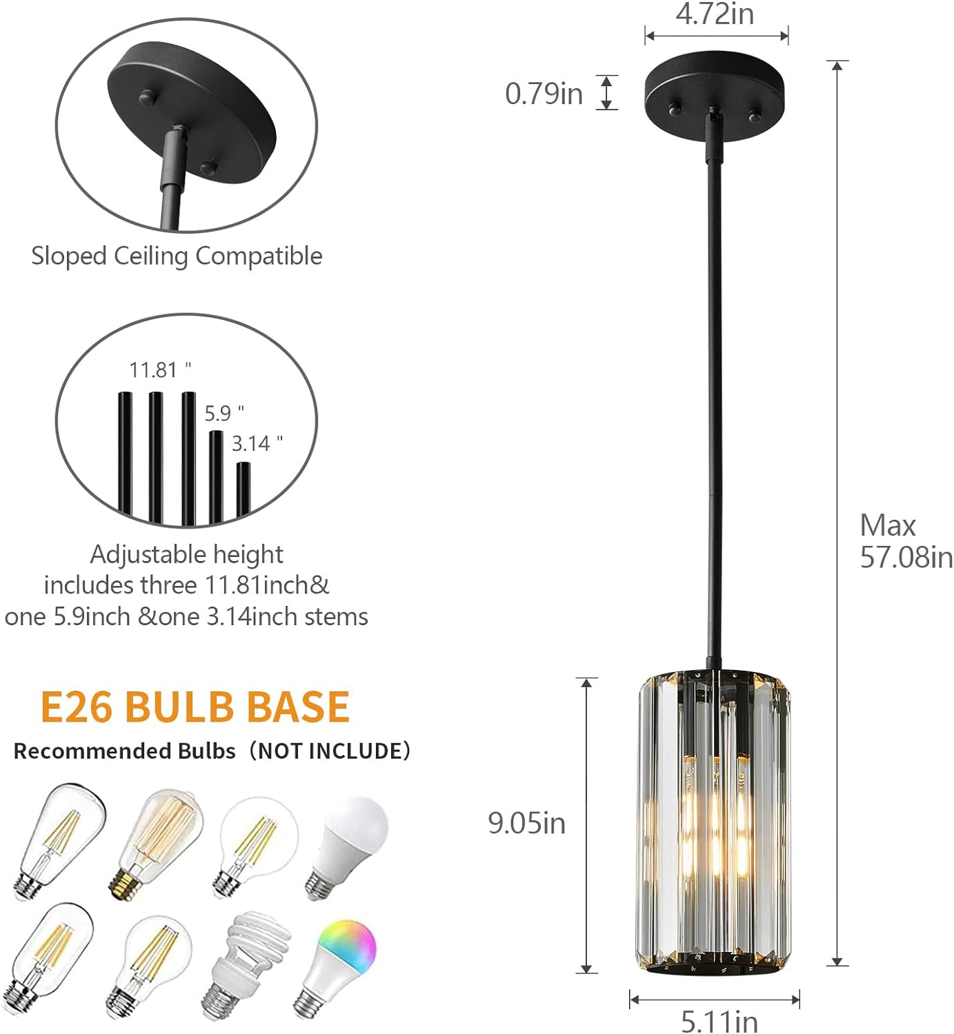 Black Pendant Lighting Modern Pendant Light Mini Crystal Chandeliers Adjustable Pendant Light Fixture for Kitchen Island Dinning Room Corridor Bedroom(Black 3-Pack)
