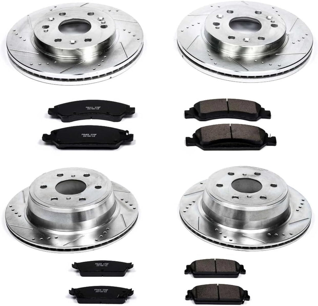 PowerStop Front and Rear Brake Kit for Cadillac Escalade 2008-14 |Escalade ESV 2008-14 |Escalade EXT 2008-13 - Drilled and Slotted Disc Rotors with Carbon-Fiber Ceramic Brake Pads Replacement, K2070