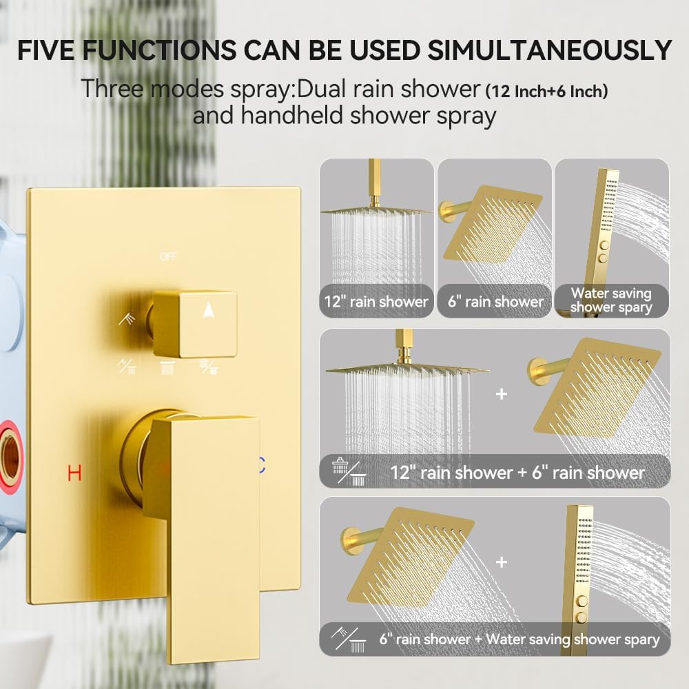 Shower System Shower Faucet Set, STARBATH 6'+12' Ceiling Mount Dual Rain Shower Head Set with 2 in 1 Handheld Spray,Rainfall Shower System with Diverter Valve and Trim Kit Complete,Brushed Gold