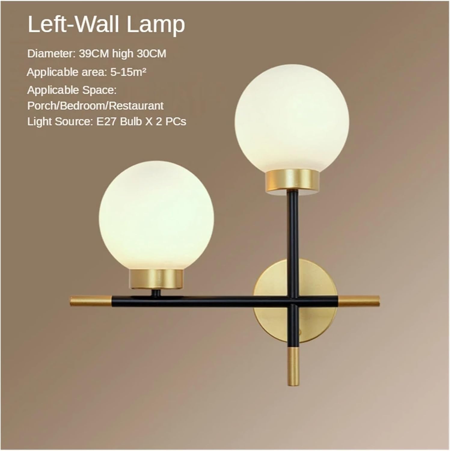 2 Light Nordic Minimalist Golden Wrought Iron Wall Fitting,with Frosted Glass Globe Shades Black Lighting Metal Fixture, for Living Room, Bedroom, Hallway(Right)