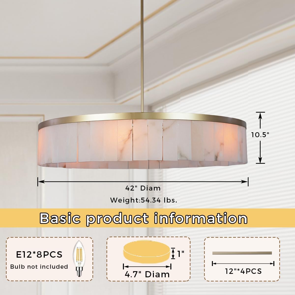 42' Luxury Alabaster Chandelier, Natural Marble Round Pendant Light Large Drum Pendant Chandelier, Large Modern Stone Hanging Fixture for High Ceiling Living Room Dining Room Foyer Entryway (Brass)