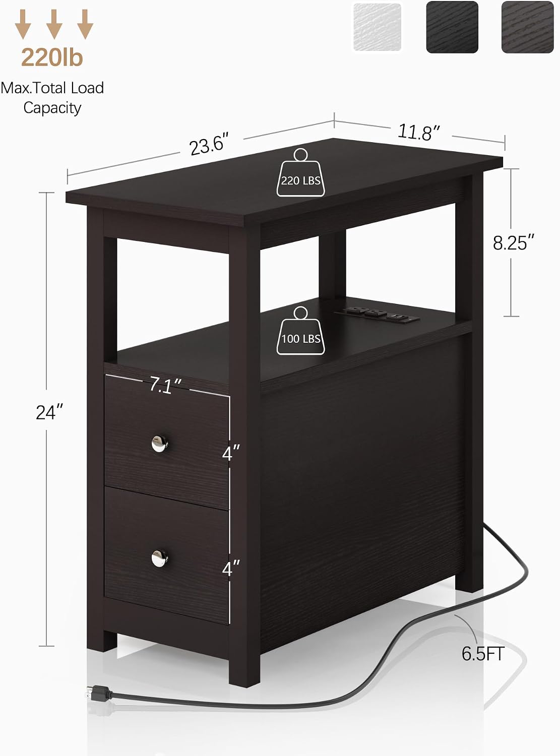 3-Tier Side Table Slim Sofa End Table with 2 Drawers and 1 Open Shelf Narrow Space for Living Room, Espresso Power (Outlets and USB Ports Included) Set of 2