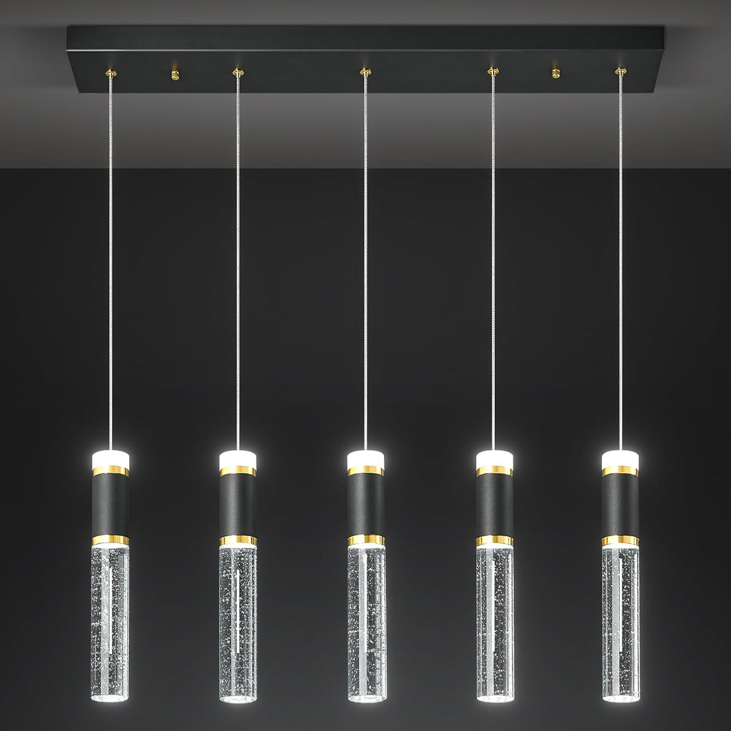 Pendant Lights Kitchen Island, Dimmable LED Pendant Light Fixtures, Black Gold Pendant Light Modern with Bubble Crystal Pendant Light, Pendant Lighting for Kitchen Island Dining Room 5-Light
