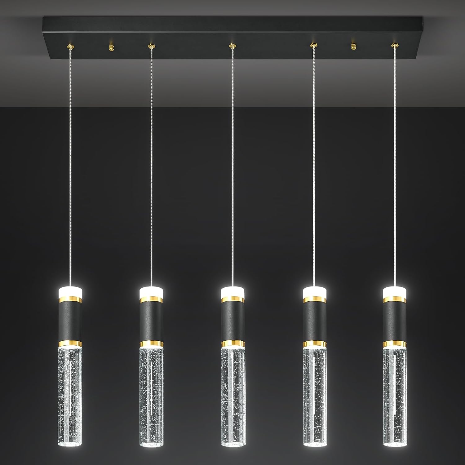 Pendant Lights Kitchen Island, Dimmable LED Pendant Light Fixtures, Black Gold Pendant Light Modern with Bubble Crystal Pendant Light, Pendant Lighting for Kitchen Island Dining Room 5-Light
