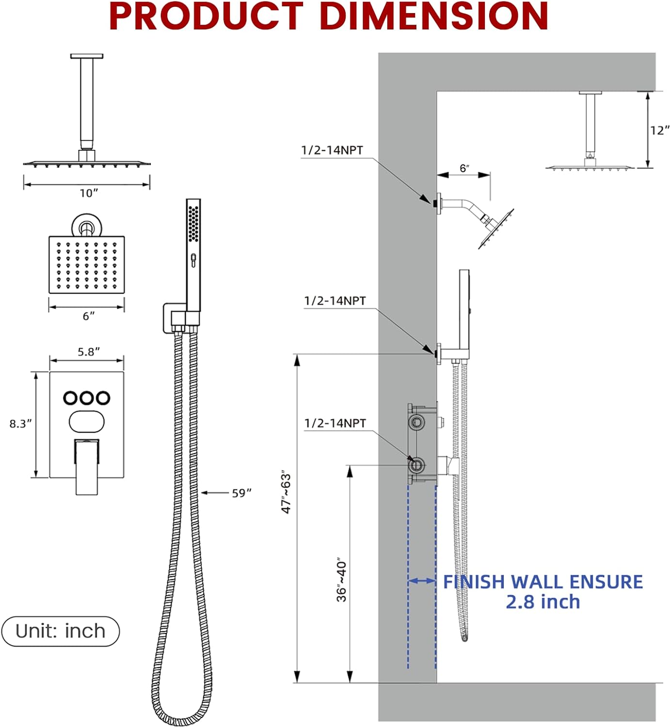Push Button Diverter Shower Faucet Set Hydro Power Temperature Display, Shower System Ceiling Mounted 10' & Wall Mounted 6' Shower Head with 3-Spary Handheld, Brushed Gold