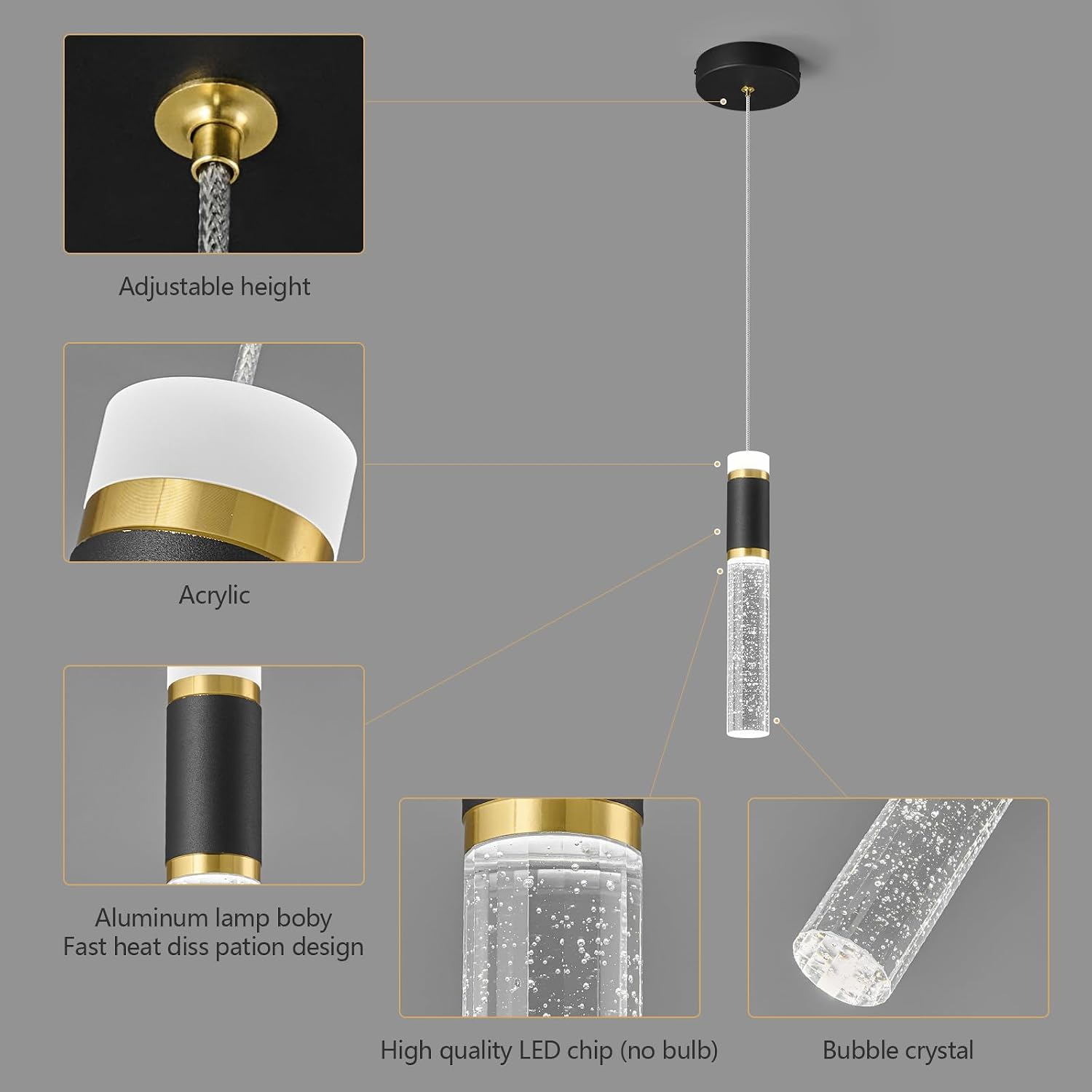 Pendant Ceiling Light Fixture for Kitchen Island, Black Gold Pendant Light Integrated Dimmable LED Hanging Light with Bubble Crystal Pendant Light Modern Pendant Lights Kitchen Island (3-Pack)