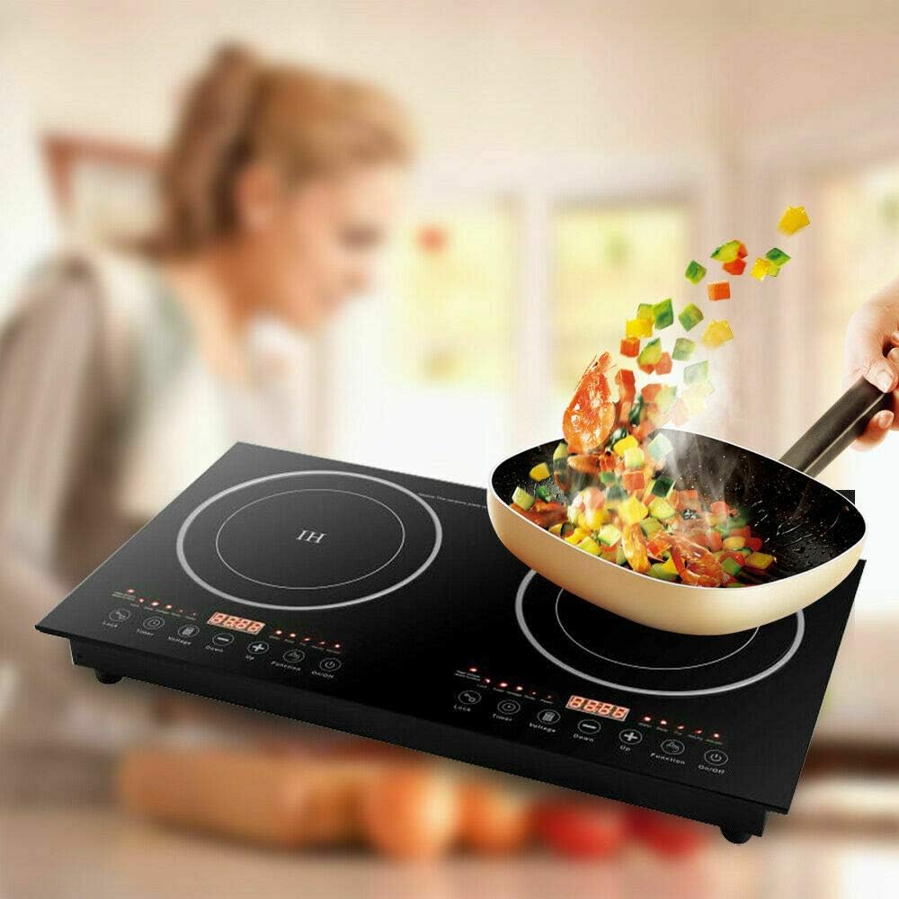 DYRABREST Electric Double Induction Cooktop,110V LCD Display Induction Hot Plate with 8 Levels Firepower and Multiple Cooking Modes,Far Infrared Heating Countertop Burners for Home (type 2)