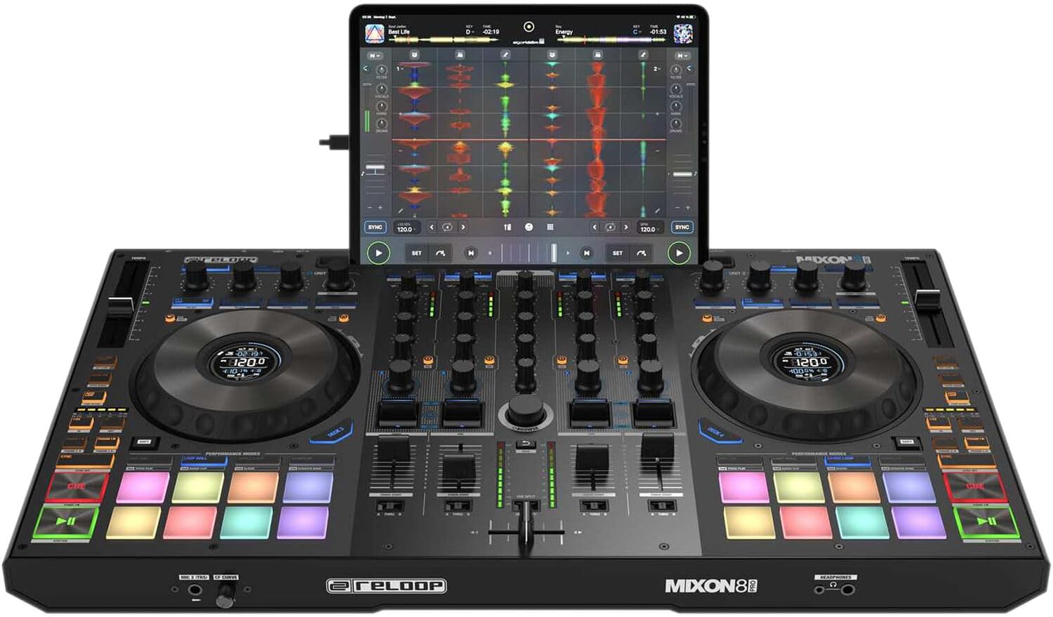 Reloop Mixon 8 Pro DJ Controller for Serato DJ with On-Stage LPT5000 DJ Laptop Stand, DJ Monitoring Headphones and Essential Cables for Connecting to DJ Controllers and Mixers