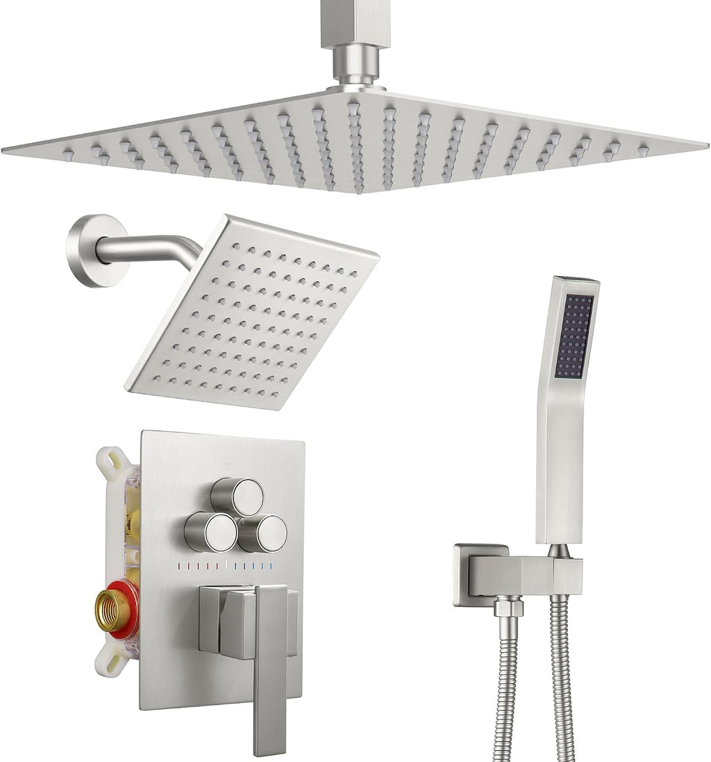 Dasan Brushed Nickel Dual Shower Heads System with Ceiling 12-Inch Rainfall Shower & Wall Mount 6-Inch High Pressure Shower Head, Full Body Dual Shower Head Set